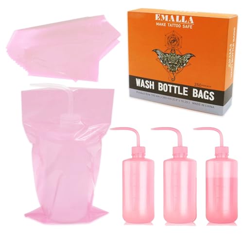 250pcs Pink Tattoo Bottles Bags & 3pcs Wash Bottles 250ml - color: Pink double