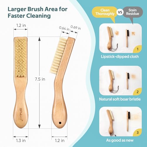 BFWood Laundry Stain Brush, Natural Soft Boar Bristle for Scrubbing Out Tough Stains on Delicate Fabrics, Knits, Cotton, Linens, No Damage