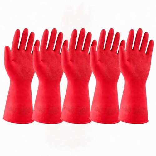 LADWA 5 Pairs Non-Slip Household Cleaning Reusable Dishwashing Gloves for Kitchen Washing Dishes Bathroom Gardening & Home Tasks Flexible Long-lasting & Waterproof Gloves Perfect for Woman Men (Red) - color: Red, size: Pack of 5