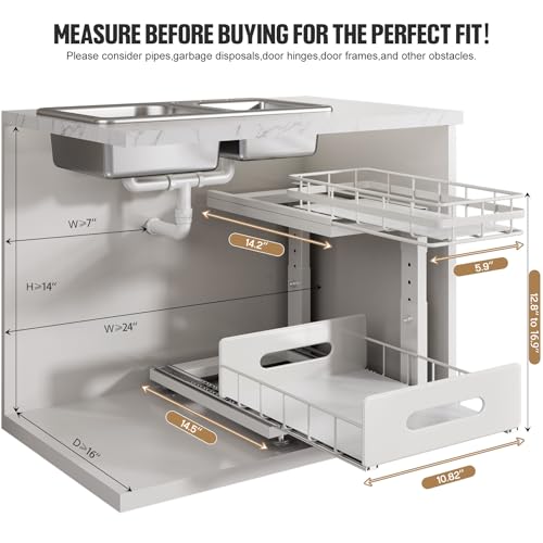 Under Sink Organizer Upgrade To Professional Rails,2-Tier Dual Pull Out Cabinet Storage,Height Adjustable Slide Out Drawers For Bathroom Kitchen,2 Pack-14.5" Dx12.8-16.9" H,White - color: White, size: 2 Pack-14.5"Dx12.8"-16.9"H
