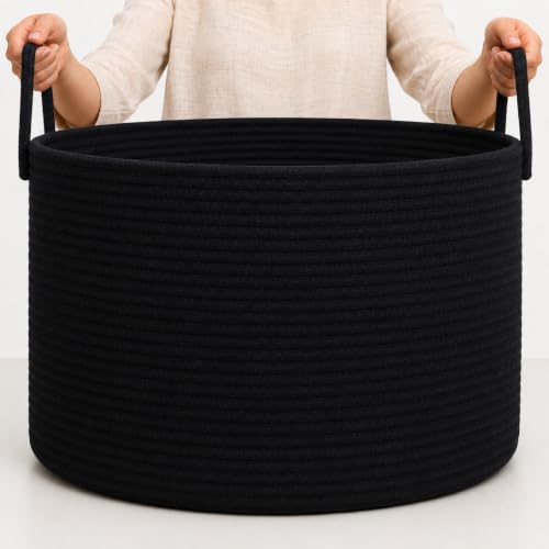 OrganiHaus Round Toy Basket & Blanket Basket, Cotton Rope 20x13" - color: Full Black, size: Wide