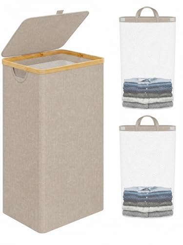 IEGrow Laundry Hamper with Lid,110L Laundry Basket with 2 Mesh Bags,Oatmeal - color: Oatmeal, size: 111L