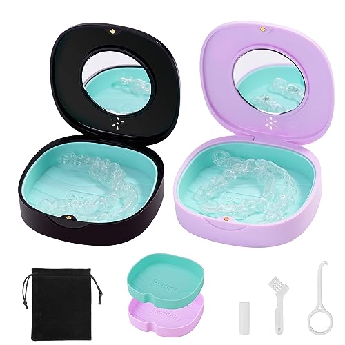 2 Pack Retainer Case with Vent Holes, stocking stuffers for gift women men,Compatible with Invisalign,Night Guards,and Mouth Guards Case - Includes Storage Bag,Slim Aligner Remover Tool - color: Black Purple