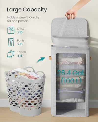 SONGMICS Laundry Basket, 100L Laundry Hamper with Lid, 1 Removable Bag - color: Dove Gray, size: 100 L (1-Section)