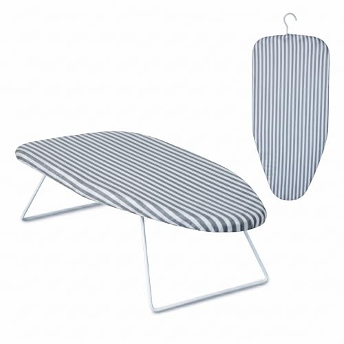 Honey-Can-Do Steel Tabletop Ironing Board with Folding Legs, Grey and White Stripe Cotton Cover, Compact Space-Saving Design, 30" L x 6" H - color: Gray, size: 29" L x 13" W