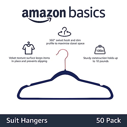 Amazon Basics Slim Velvet Non-Slip Space Saving Suit Clothes Hangers, Sturdy Construction, Navy Blue/Rose Gold, 50-Pack - color: Navy Blue/Rose Gold, size: Pack of 50