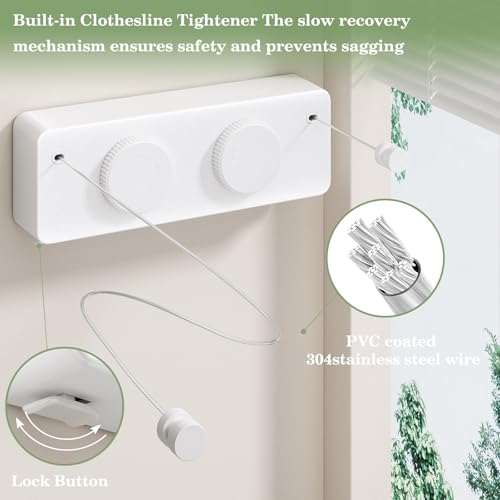 Danpoo Retractable Clothesline, Anti-Sag Adjustable Knob Heavy-Duty Clothes Line for Indoors/Outdoors with 2 * 13.8ft Stainless Steel Wire, Laundry Wall Drying Solutions - style: White