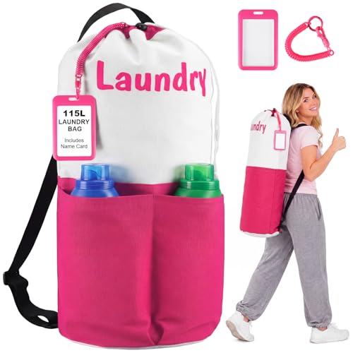 Canvas Laundry Backpack Bag with Name Tag Pocket - color: Rose Pink