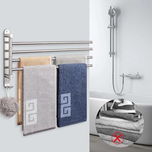 NearMoon Swivel Towel Rack, 19.5" Thicken 304 Stainless Steel 4-Arm Towel Bar, Space Saving Wall Mounted Towel Holder with Hook, Rustproof Swing Out Towel Hanger for Bathroom, Kitchen (Brushed Nickel) - color: Brushed Nickel, size: 19.5 Inch-Round