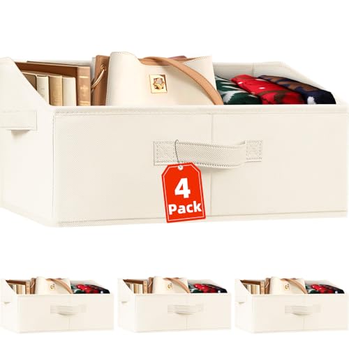 Criusia Closet Organizers Bins 4 Pack - Large Closet Shelf Organizer with Handles - Fabric Trapezoid Home Organization and Storage Baskets for Organizing Clothes Toy Blanket Towel Purse Hats - color: Beige, size: 4 pack-Large