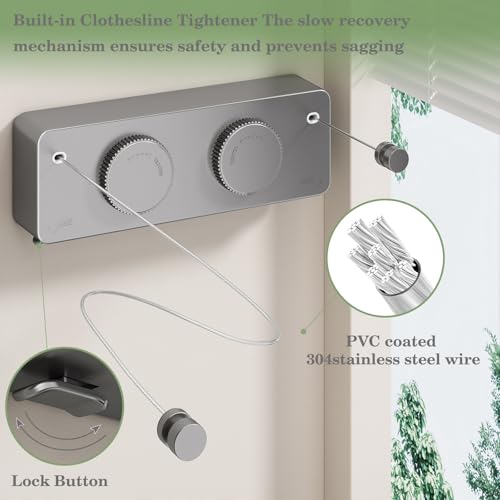 Danpoo Retractable Clothesline, Anti-Sag Adjustable Knob Heavy-Duty Clothes Line for Indoors/Outdoors with 2 * 13.8ft Stainless Steel Wire, Laundry Wall Drying Solutions, Gray - style: Grey