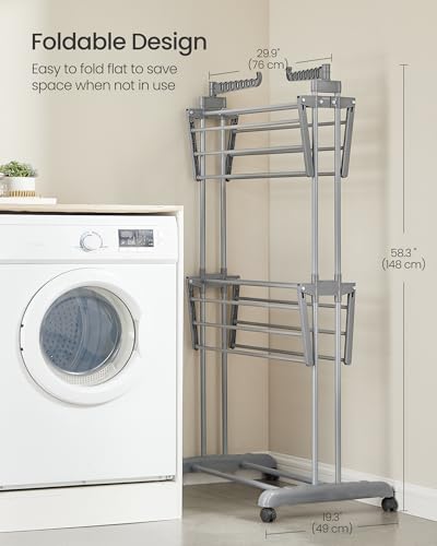 SONGMICS 3-Tier Clothes Drying Rack, Foldable, Rolling, 58.3-Inch Tall - color: Dove Gray, style: 3-Tier
