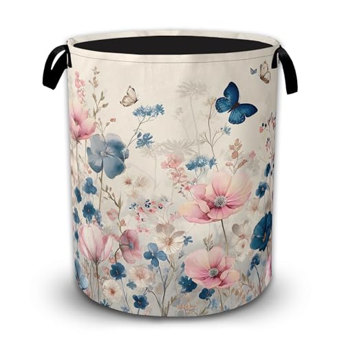 Summer Butterfly Wildflowers Collapsible Laundry Basket with Handles, Large Capacity Clothes Hamper, Waterproof Oxford Cloth Storage Basket for Laundry Room Bathroom - color: Butterfly Wildflowers Pink