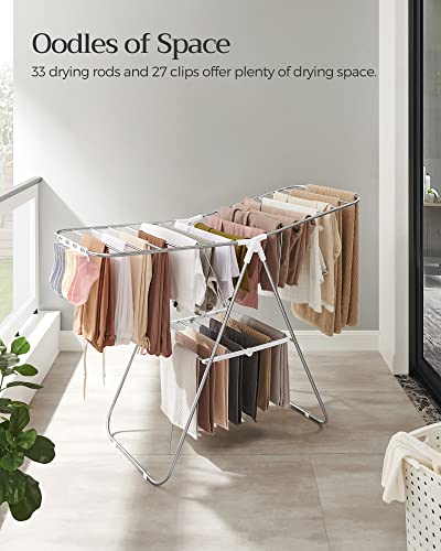 SONGMICS Clothes Drying Rack, Foldable Space-Saving Steel Laundry Rack - color: Silver + White, size: 1 Tier （21.7"d x 58.3"w x 39.4"h）