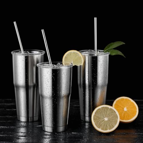 12 Pack of Reusable Stainless Steel Metal Straws, 3 Straight + 3 Bent 10.5 Inch and 3 Straight + 3 Bent 8.5 Inch Metal Straws with 2 Cleaning Brushes for 20 24 30 oz Tumbler Dishwasher Safef
