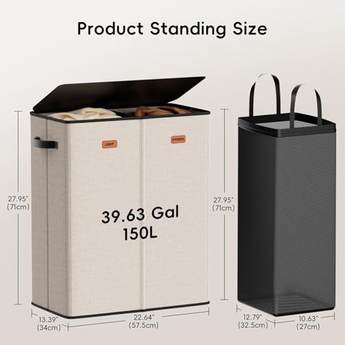 150L Double Laundry Hamper With Lid, Large Clothes Hampers with Removable Bag, Laundry Hamper 2 Section for Bathroom, Bedroom, Laundry Room, Dorm - color: Beige, size: 39.63 Gal - 2 Section