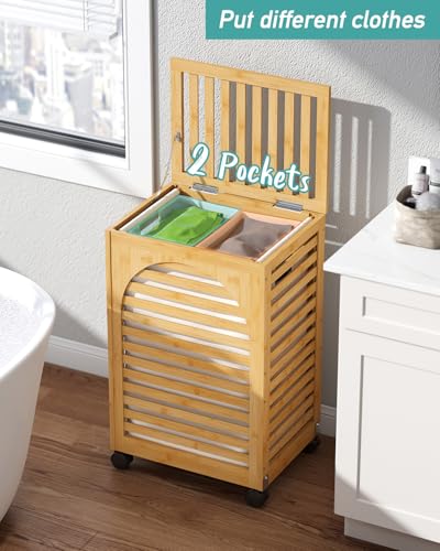 Laundry Hamper with Wheels, Laundry Basket with Lid, 22.5Gallon (85L) Bamboo Wood Clothes Laundry Hamper 2 Section with Handles, Removable Liner - color: Natural, size: Medium