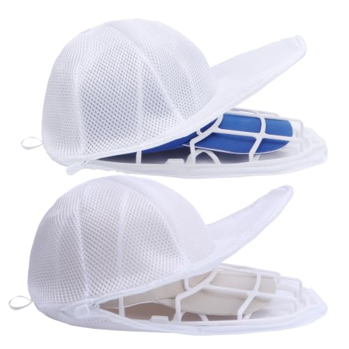Baseball Cap Washer Frame for Washing Machine, Hat Washer Cage for Flat and Curved Hats with Mesh Laundry Bag, White PP Plastic, Fits Adult and Kids, 2 Pack