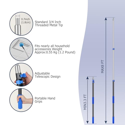 3.3-8 FT Telescopic Extension Pole Aluminum Paint Roller & Cleaning Pole - size: 8 Ft Blue