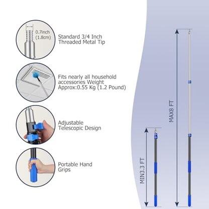 3.3-8 FT Telescopic Extension Pole Aluminum Paint Roller & Cleaning Pole - size: 8 Ft Blue