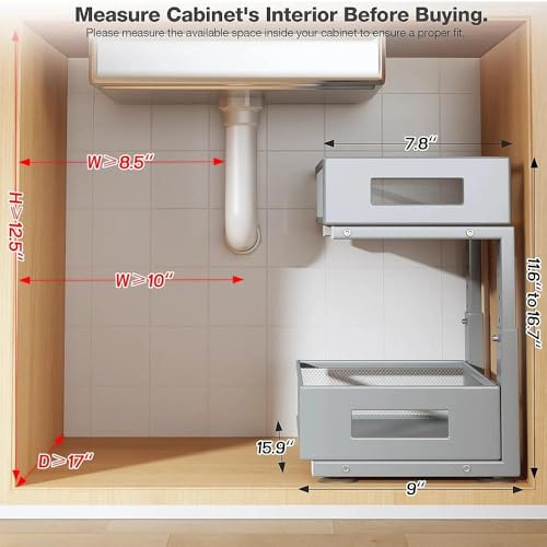 Under Sink Organizer, 2-Tier Dual Pull Out Cabinet Organizer Drawers With Smooth Circular Rail,Large Capacity Metal Mesh Sliding Shelves For Bathroom& Kitchen Storage,Height Adjustable–Gun Gray,1 Pack - color: Gun Gray, size: 1 Pack-15.9"Dx11.6"-16.7" H