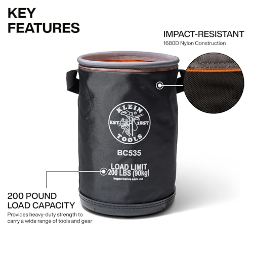 Klein Tools BC535 Straight Bucket, 17-Inch Utility Bucket, 200-Pound Load, 1680D Nylon, Drain Holes, Reinforced Straps, Hi-Vis Orange Interior - size: Nylon, 200-Pound Load