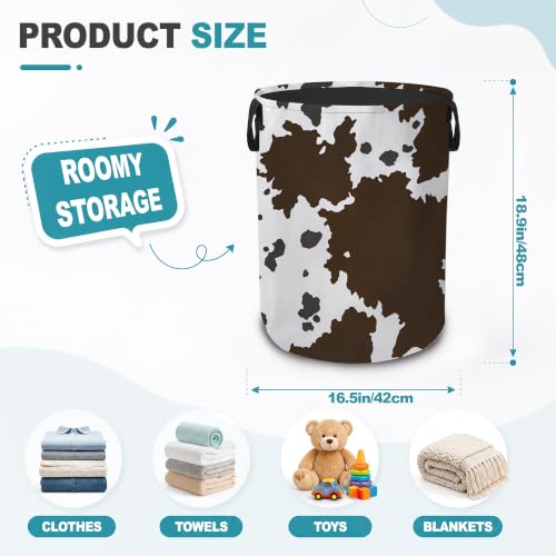 Cow Print Western Portable Laundry Hamper,Farmhouse Brown Collapsible Clothes Basket with Handles,Waterproof Oxford Cloth Organizer for Dorm Bedroom Bathroom Nursery,16 x 20 Inch - color: Cow Print Western,Farmhouse Brown