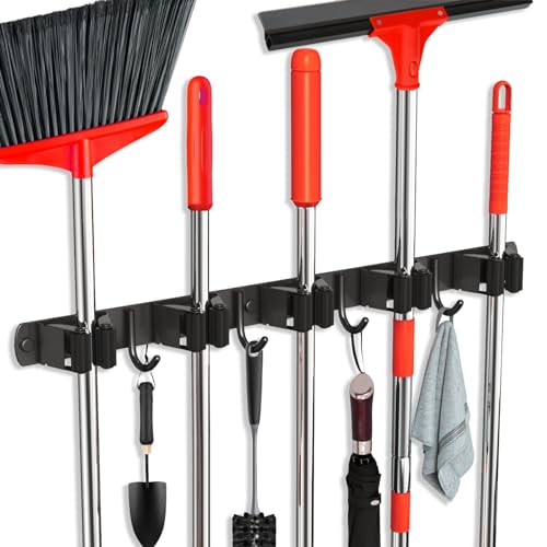 Mop and Broom Holder Wall Mount, Upgraded Broom Hanger Wall Mount, Stainless Steel Broom Organizer for Closet Garage Laundry Room Kitchen Wall Decor(5Racks 4Hooks Black) - color: Black, size: 1Pack 5Racks 4Hooks