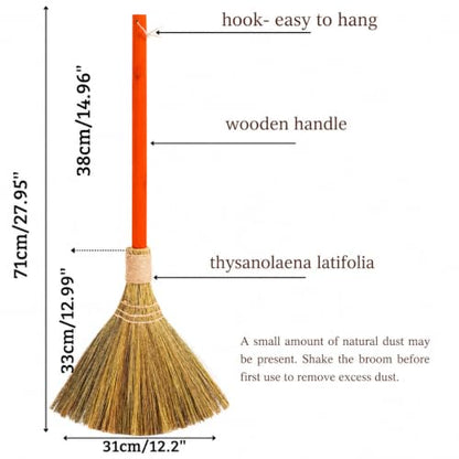 Vietnam Handmade Straw Broom with Orange Wooden Handle - Soft Natural Grass Whisk Broom for Home, Kitchen, Bedroom & Garage, 12.2" Wide x 27.95" Long - style: Orange