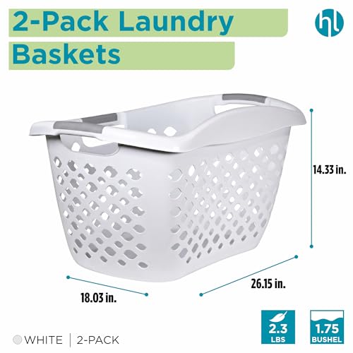 Home Logic 1.75 Bushel Plastic Laundry Basket with Hip Grip, Large Laundry Hamper with Handles, Ventilated Clothes Organizer for Bedroom Bathroom Closet, 2 Pack, White - size: 1.75 Bushel