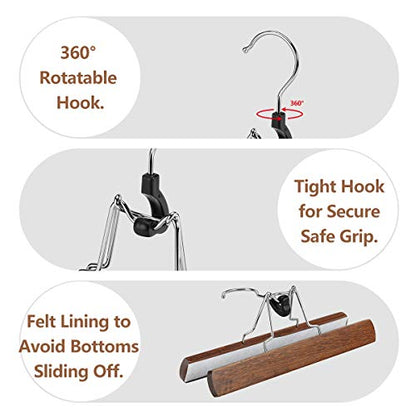 AMKUFO 20 Pack Wooden Pants Hangers with Clips Non Slip Skirt Hangers Trouser Clamp Hanger Solid Wood Hanger with 360° Swivel Hook Walnut - color: Walnut, size: 20 Pack
