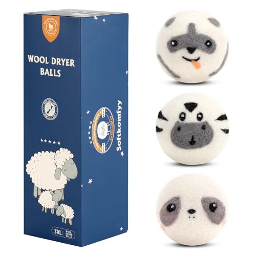 Wool Dryer Balls Handmade 3 Pack XL,Laundry Dryer Balls,100% New Zealand Wool Natural Fabric Softener,Reusable 1000 Loads,Wrinkles Free, Shorten Drying Time,Baby Safe (3 Pack XL,Cute Animals) - color: Cute Animals