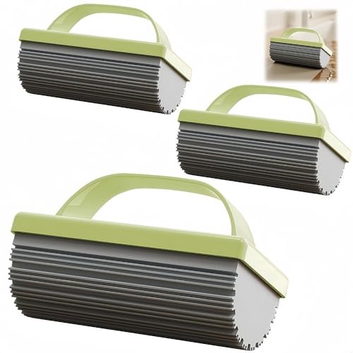 Reusable Damp Duster Sponge 3-Pack, Deep Groove Cleaning Sponge with Handle | Strong Adhesion & Super Absorption for Baseboards, Blinds, Vents, Window Tracks (Green)