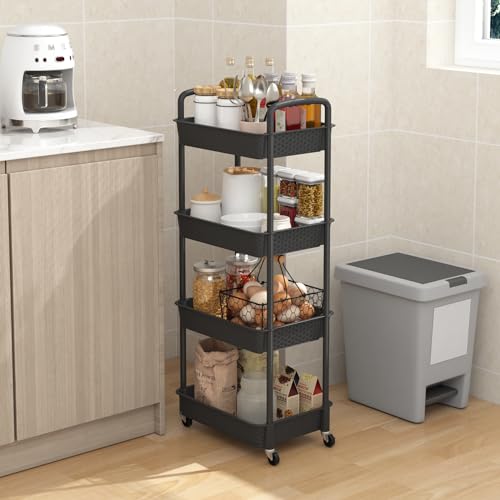 MOYIPIN 4-Tier Plastic Rolling Utility Cart with Handle, Black - color: Black, size: 4-Tiers without cups