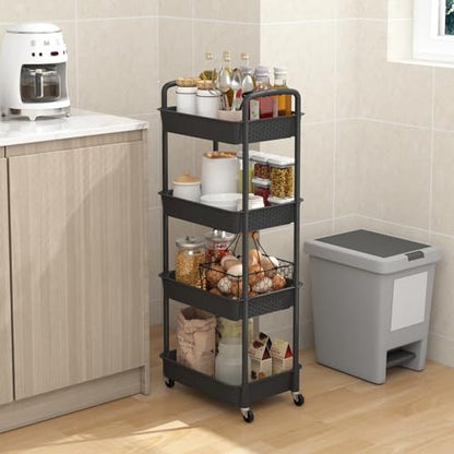 MOYIPIN 4-Tier Plastic Rolling Utility Cart with Handle, Black - color: Black, size: 4-Tiers without cups