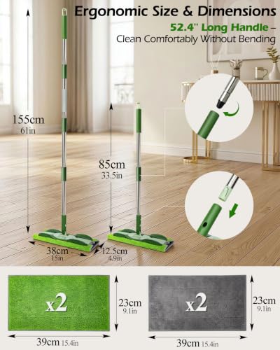 Microfiber Mop - Flat Floor Mops Wet Dry Dust Mop with 4 Washable Pads - size: Green(15"*5.3")