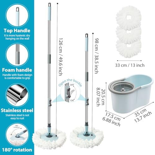 Spin Mop and Bucket with Wringer Set, 3 Microfiber Mop Heads, 51" Handle - color: Blue-3