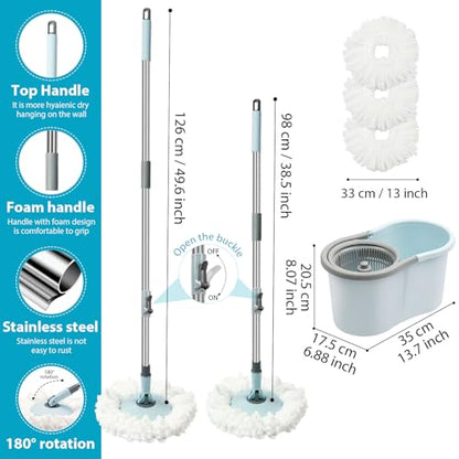 Spin Mop and Bucket with Wringer Set, 3 Microfiber Mop Heads, 51" Handle - color: Blue-3