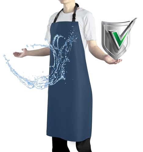 Waterproof Apron with Comfortable Adjustable Bib Rubber Vinyl Dishwasher Heavy Duty Apron for Men Women Dishwashing - color: Dark Blue