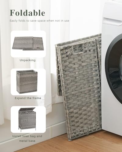 SETVSON Laundry Hamper with Lid, 112 L Handwoven PE Rattan Wicker, Gray - color: Gray, size: 112 L - 29.6 gal