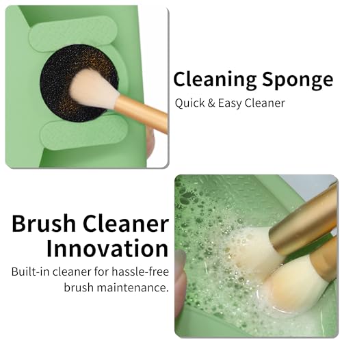 Travel Silicone Makeup Brush Holder with Cleaning Pad and Magnetic Closure - color: Green