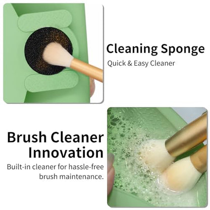 Travel Silicone Makeup Brush Holder with Cleaning Pad and Magnetic Closure - color: Green