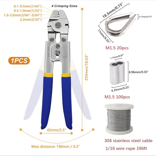 Wire Rope,Equipped with Crimping Pliers,1/16 Wire Rope, Aircraft Cable,304 Stainless Steel Cable,7x7 Strand Core 196FT,368lbs Breaking Strength - size: 1/16 inch 196FT, style: 1/16 inch