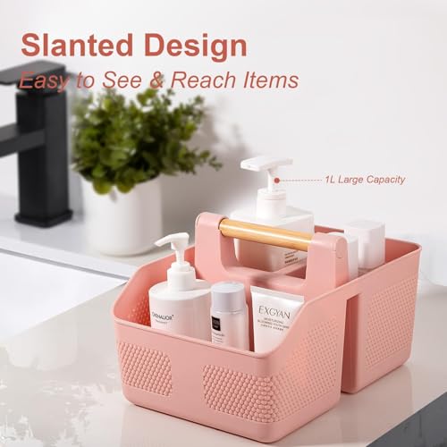 Plastic Shower Caddy Portable Shower Basket with Bamboo Handle, Pink - color: Pink