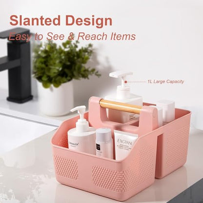 Plastic Shower Caddy Portable Shower Basket with Bamboo Handle, Pink - color: Pink