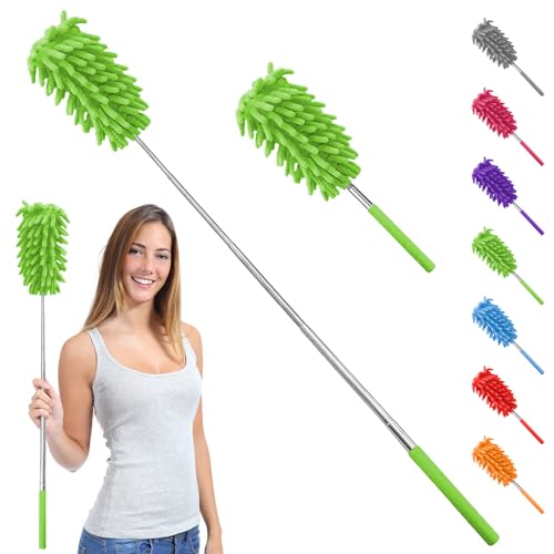 Microfiber Feather Duster with 30 in Telescoping Pole, Washable Chenille Head for Ceiling Fans, Blinds and Furniture, Green - color: Green