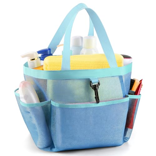 LOYEE Mesh Shower Caddy Portable for College Dorm Room Essentials with 8 Pockets, Shower Bag for Beach, Swimming, Gym, Travel, Bathroom(All blue) - color: All blue