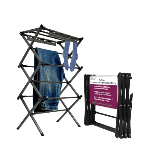 BLACK+DECKER Space Saving 3-Tier Expandable Clothes Drying Rack, Foldable Laundry Rack for Indoor Air Drying, Rust Resistant Steel, 24.6 Ft Drying Space, Black - color: Black/Black