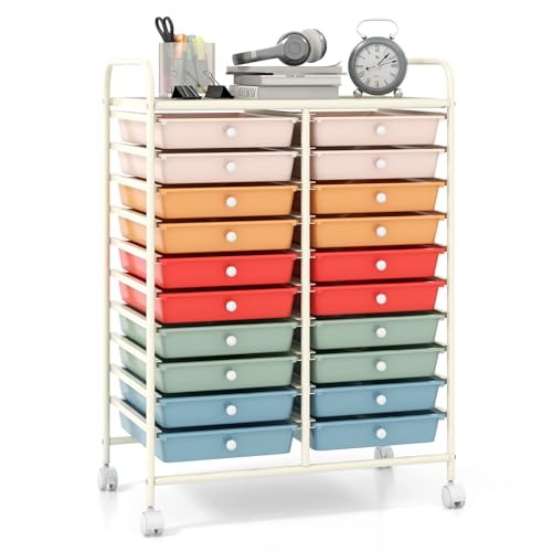 Giantex 20 Drawers Rolling Cart, Mobile Storage Drawer Cart, Classroom Organizer Cart for Office School Supplies Teacher Tools Scrapbook Paper Craft Small Printer, Utility Cart on Wheels, Macaron - color: Macaron, size: 20 Drawer-25”x15”x35”