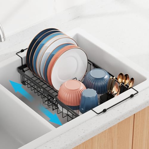 iSPECLE Expandable Dish Drying Rack for Large Kitchen Sink, eavy Duty Adjustable Over Sink Dish Drainer with Square Corners, Rust Resistant with Lock Knob, Fit for Modern Single & Double Sinks, Black - color: Black, size: 12.8"W | Fits Sink 15.8"-20.7"L